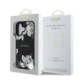 Apple iPhone 16 Kılıf Guess Orjinal Lisanslı M-safe Şarj Özellikli Taneli Çiçek Tasarımlı Metal Yazı Logolu Kapak