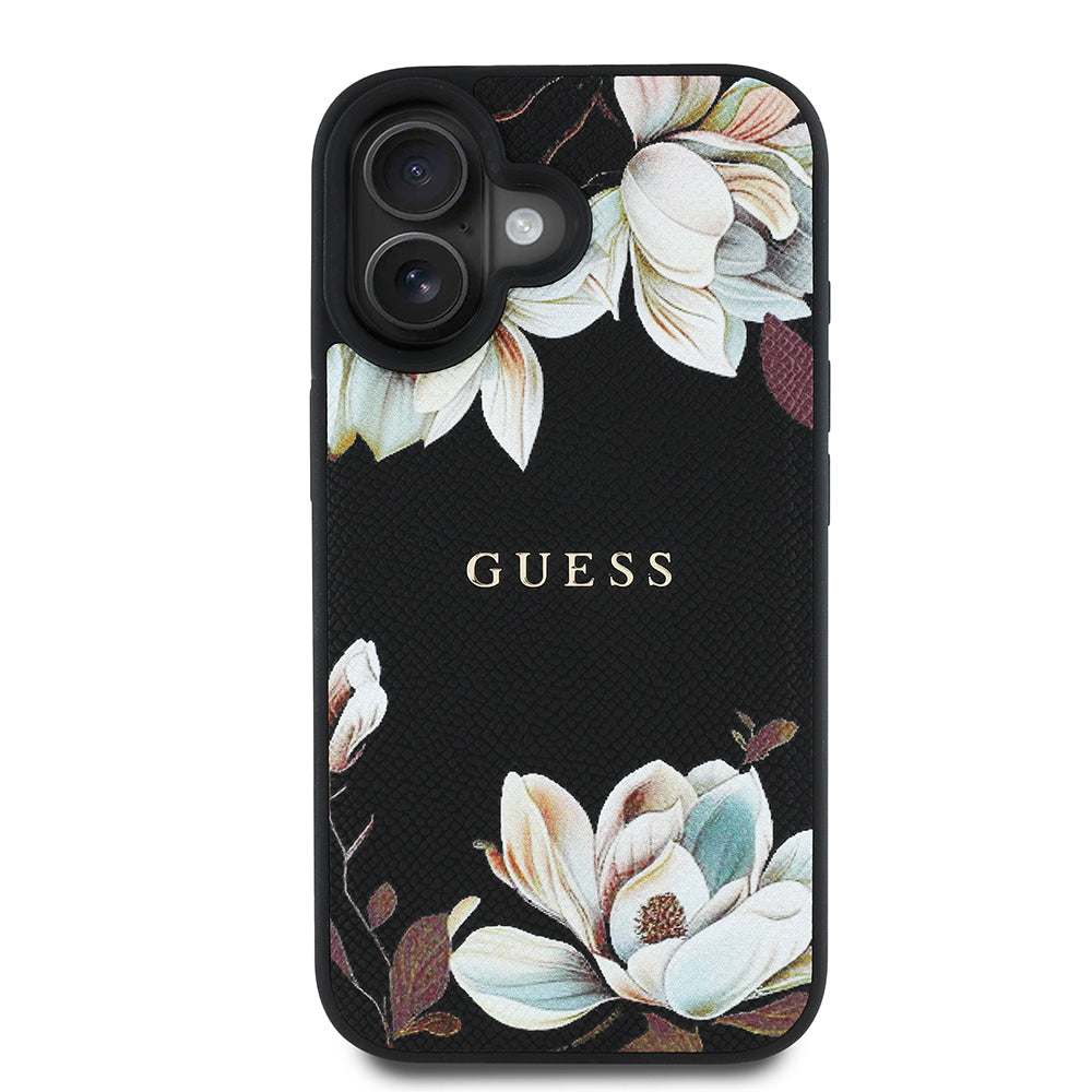 Apple iPhone 16 Kılıf Guess Orjinal Lisanslı M-safe Şarj Özellikli Taneli Çiçek Tasarımlı Metal Yazı Logolu Kapak