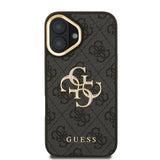 Apple iPhone 16 Kılıf Guess Orjinal Lisanslı PU Deri 4G Desenli Metal Büyük 4G ve Yazı Logolu Kamera Standlı Kapak