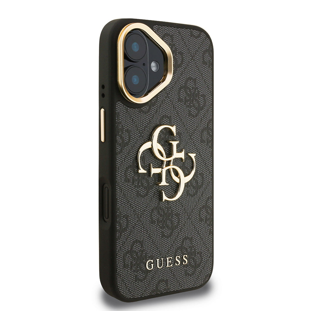 Apple iPhone 16 Kılıf Guess Orjinal Lisanslı PU Deri 4G Desenli Metal Büyük 4G ve Yazı Logolu Kamera Standlı Kapak