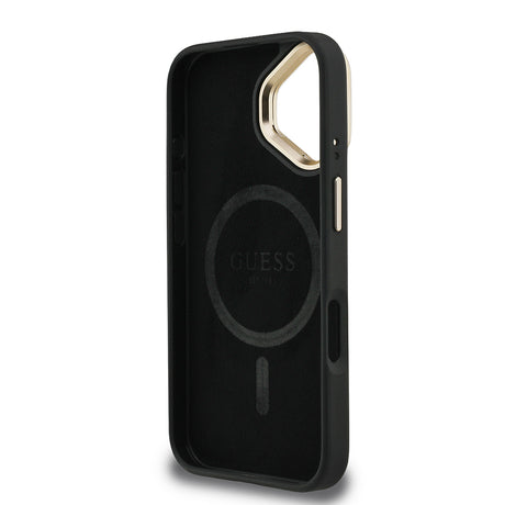 Apple iPhone 16 Kılıf Guess Orjinal Lisanslı PU Deri Taşlı Üçgen Logo 4G Desenli Kamera Standlı Kapak