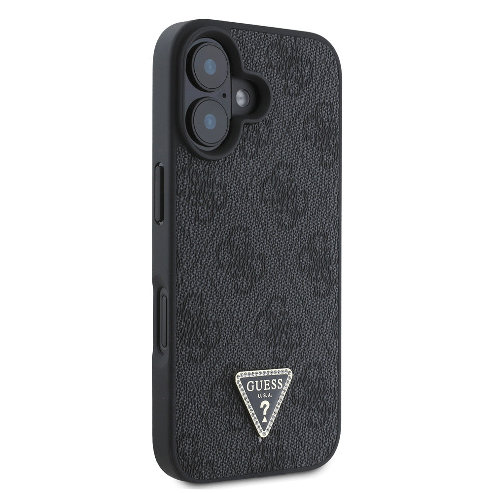 Apple iPhone 16 Kılıf Guess Orjinal Lisanslı PU Deri Taşlı Üçgen Logo 4G Desenli Strass Kapak