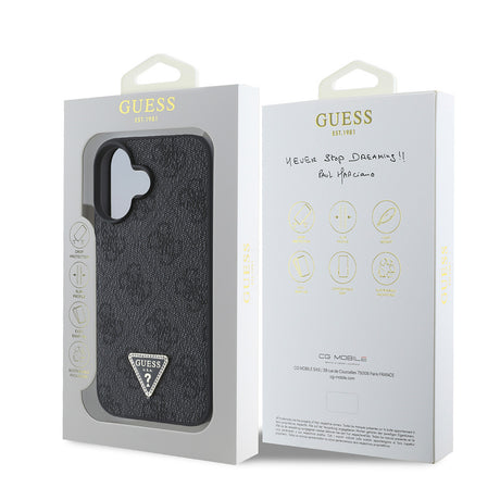 Apple iPhone 16 Kılıf Guess Orjinal Lisanslı PU Deri Taşlı Üçgen Logo 4G Desenli Strass Kapak