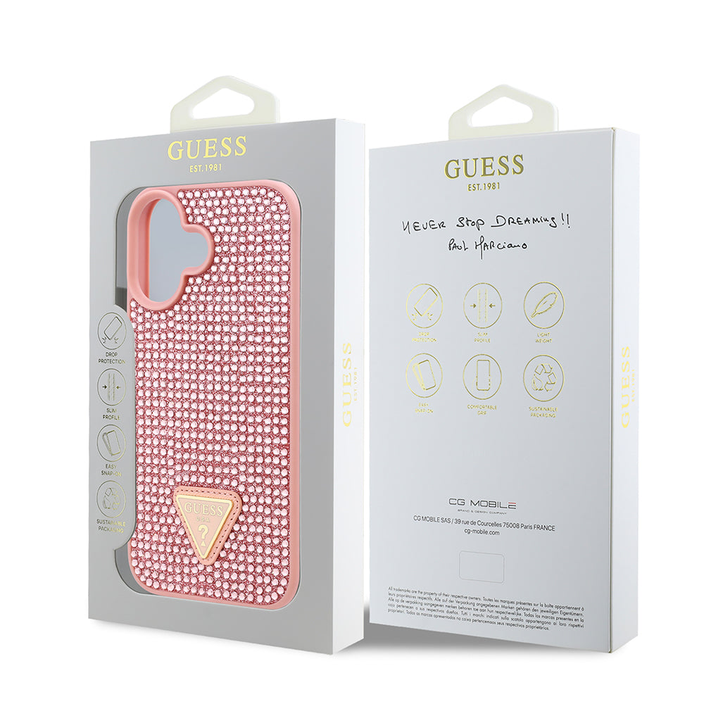 Apple iPhone 16 Kılıf Guess Orjinal Lisanslı Taşlı Arka Yüzey Üçgen Logolu Kapak