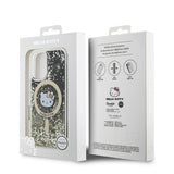 Apple iPhone 16 Kılıf Hello Kitty Orjinal Lisanslı M-safe Şarj Özellikli IML Baskı Kitty Head Logolu Sıvılı Simli Altın Ateşi Kapak