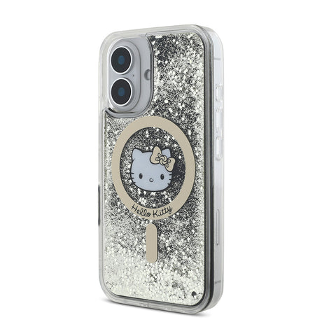 Apple iPhone 16 Kılıf Hello Kitty Orjinal Lisanslı M-safe Şarj Özellikli IML Baskı Kitty Head Logolu Sıvılı Simli Altın Ateşi Kapak