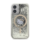 Apple iPhone 16 Kılıf Hello Kitty Orjinal Lisanslı M-safe Şarj Özellikli IML Baskı Kitty Head Logolu Sıvılı Simli Altın Ateşi Kapak
