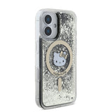 Apple iPhone 16 Kılıf Hello Kitty Orjinal Lisanslı M-safe Şarj Özellikli IML Baskı Kitty Head Logolu Sıvılı Simli Altın Ateşi Kapak