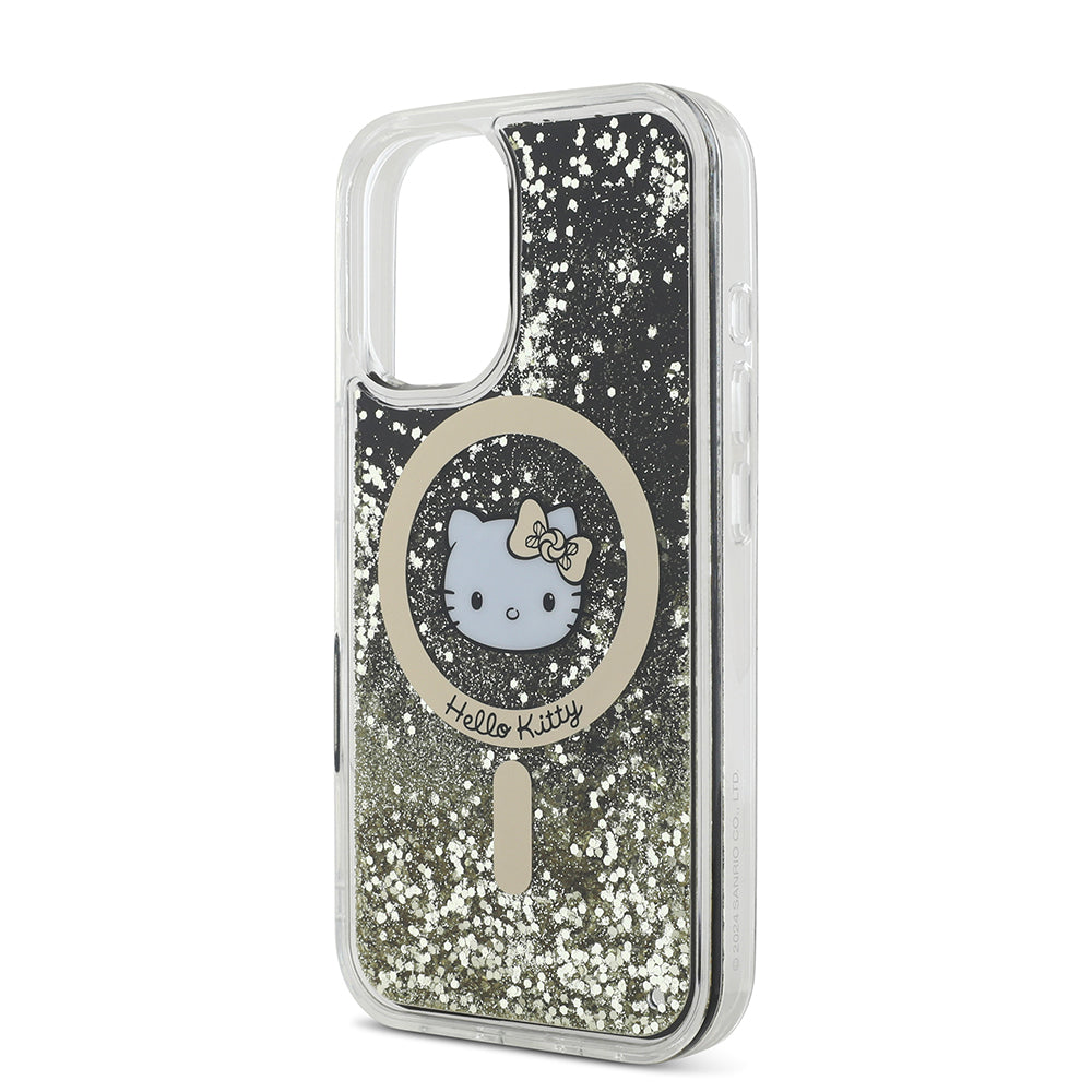Apple iPhone 16 Kılıf Hello Kitty Orjinal Lisanslı M-safe Şarj Özellikli IML Baskı Kitty Head Logolu Sıvılı Simli Altın Ateşi Kapak