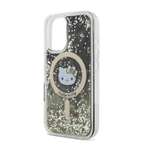 Apple iPhone 16 Kılıf Hello Kitty Orjinal Lisanslı M-safe Şarj Özellikli IML Baskı Kitty Head Logolu Sıvılı Simli Altın Ateşi Kapak