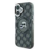 Apple iPhone 16 Kılıf Karl Lagerfeld Orjinal Lisanslı M-safe Şarj Özellikli IML Baskılı Metal Monogram KC Heads Kapak