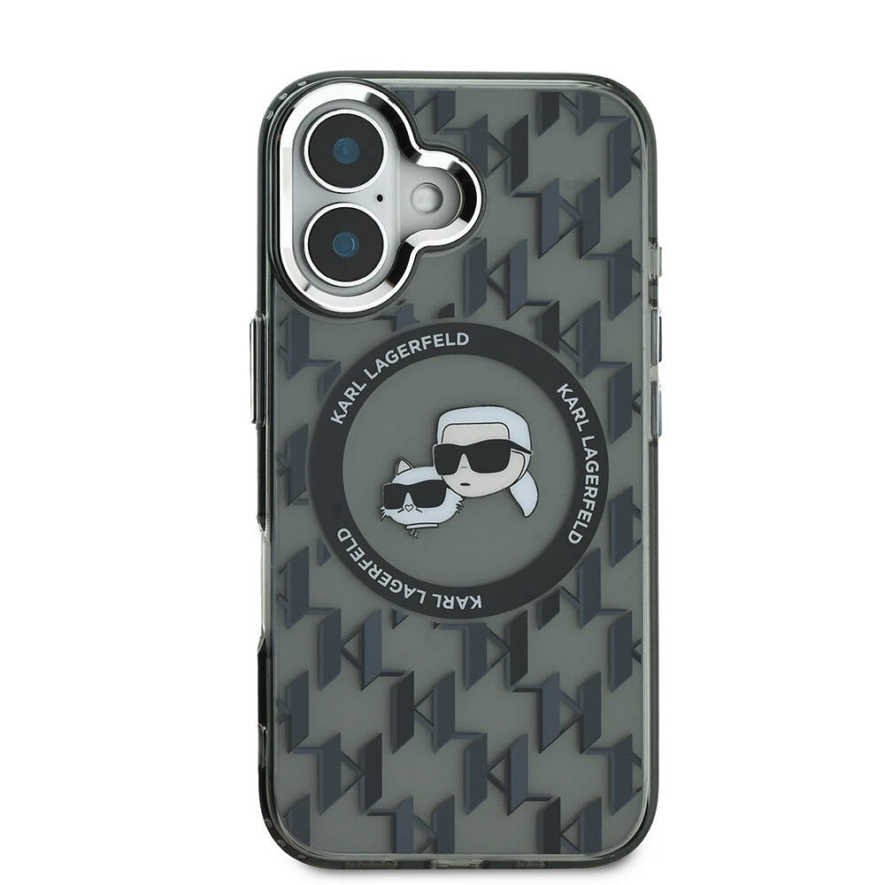 Apple iPhone 16 Kılıf Karl Lagerfeld Orjinal Lisanslı M-safe Şarj Özellikli IML Baskılı Metal Monogram KC Heads Kapak