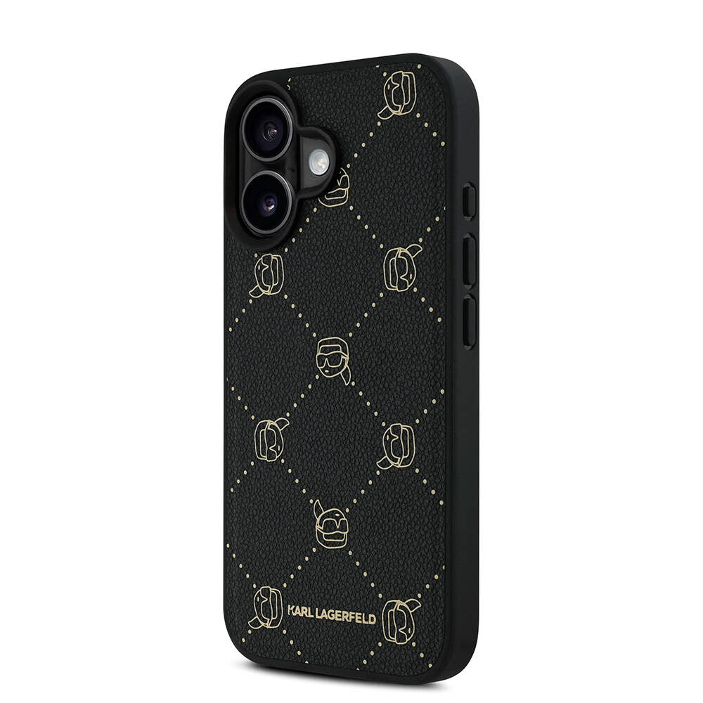 Apple iPhone 16 Kılıf Karl Lagerfeld Orjinal Lisanslı M-safe Şarj Özellikli PU Deri Karl Heads Desenli Klasik Logolu Kapak