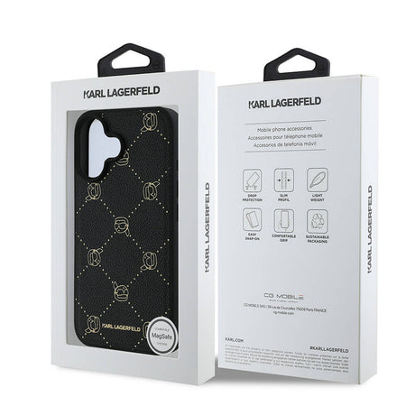 Apple iPhone 16 Kılıf Karl Lagerfeld Orjinal Lisanslı M-safe Şarj Özellikli PU Deri Karl Heads Desenli Klasik Logolu Kapak