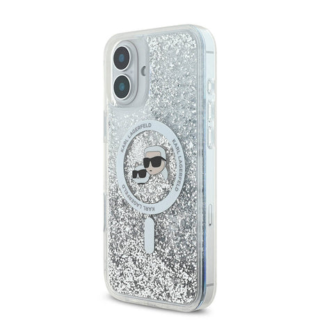 Apple iPhone 16 Kılıf Karl Lagerfeld Orjinal Lisanslı M-safe Şarj Özellikli Sıvılı Simli K&C Heads Kapak