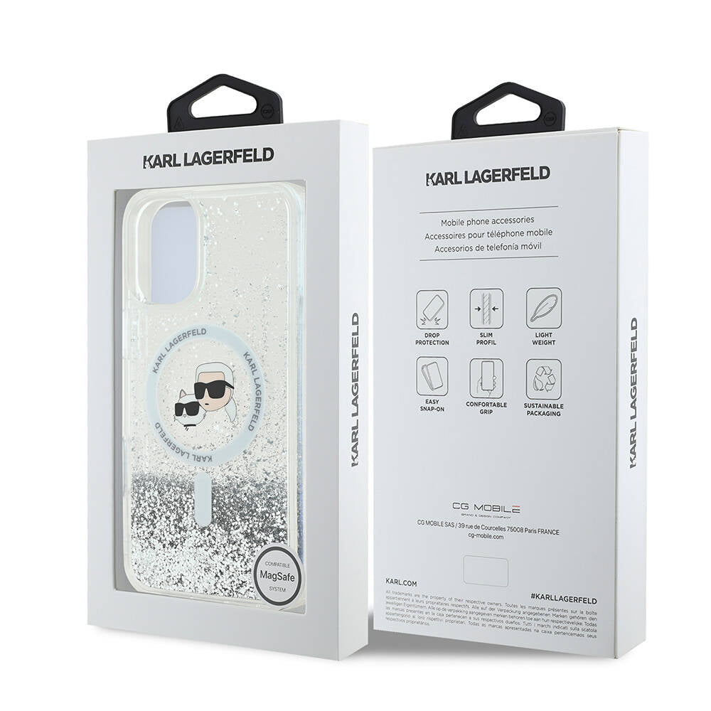 Apple iPhone 16 Kılıf Karl Lagerfeld Orjinal Lisanslı M-safe Şarj Özellikli Sıvılı Simli K&C Heads Kapak