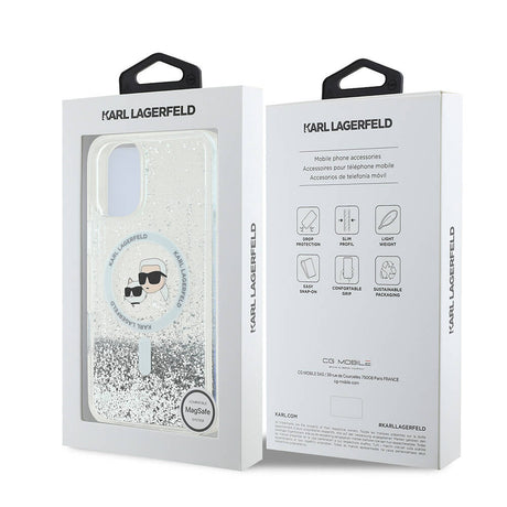 Apple iPhone 16 Kılıf Karl Lagerfeld Orjinal Lisanslı M-safe Şarj Özellikli Sıvılı Simli K&C Heads Kapak
