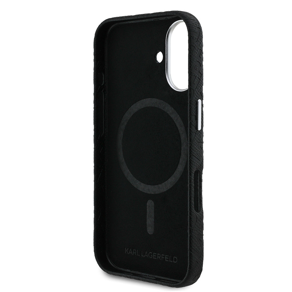Apple iPhone 16 Kılıf Karl Lagerfeld Orjinal Lisanslı PU Deri Damgalı Metal Yazı Logolu Kapak