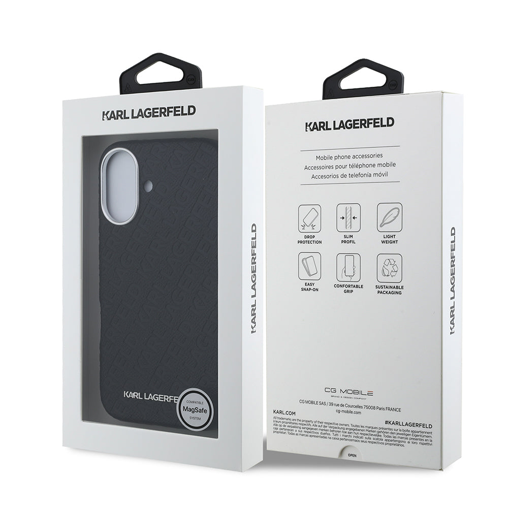 Apple iPhone 16 Kılıf Karl Lagerfeld Orjinal Lisanslı PU Deri Damgalı Metal Yazı Logolu Kapak