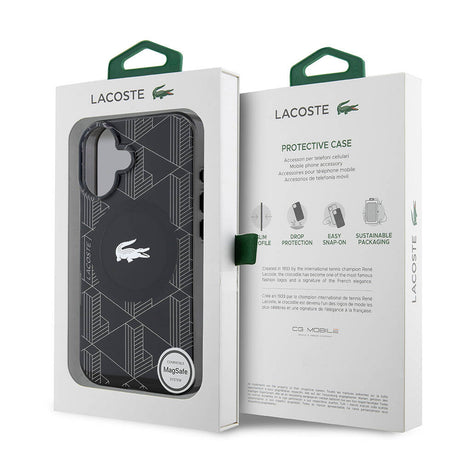 Apple iPhone 16 Kılıf Lacoste Orjinal Lisanslı M-safe Şarj Özellikli IML Baskılı Gümüş Timsah Logolu Monogram Kapak