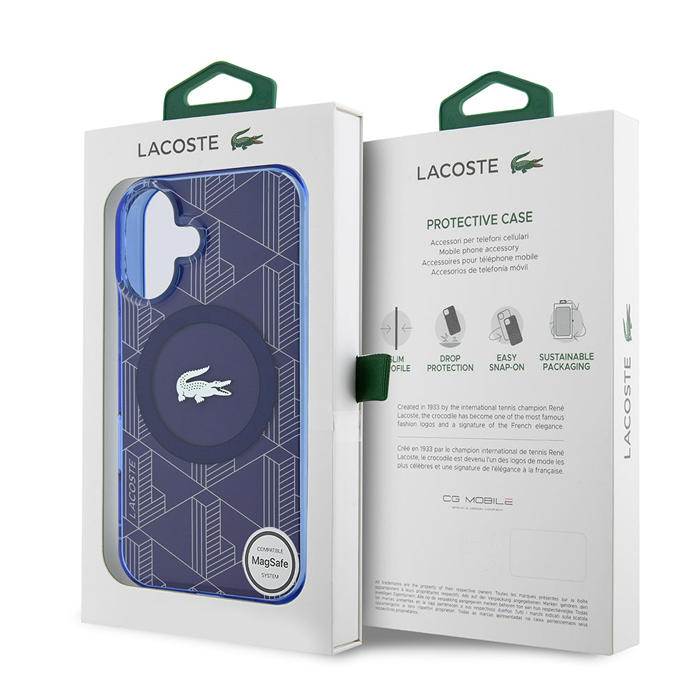 Apple iPhone 16 Kılıf Lacoste Orjinal Lisanslı M-safe Şarj Özellikli IML Baskılı Gümüş Timsah Logolu Monogram Kapak