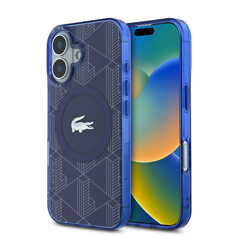 Apple iPhone 16 Kılıf Lacoste Orjinal Lisanslı M-safe Şarj Özellikli IML Baskılı Gümüş Timsah Logolu Monogram Kapak
