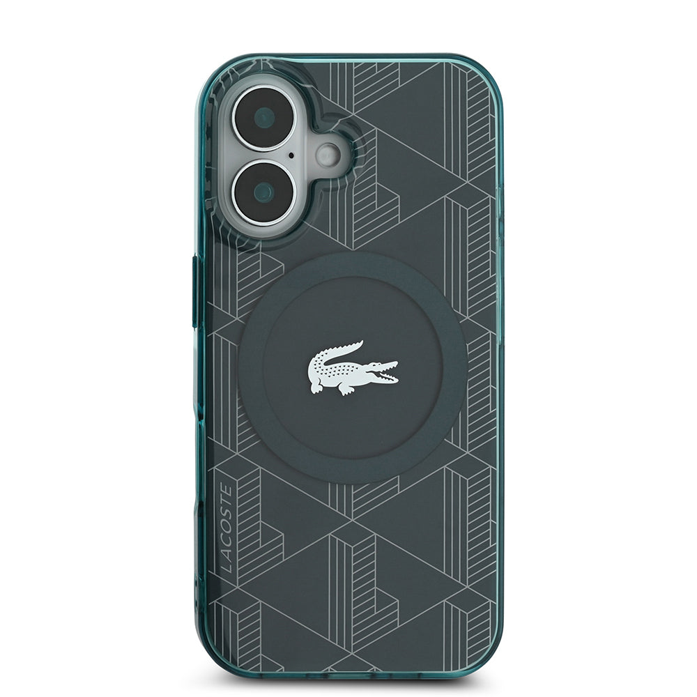 Apple iPhone 16 Kılıf Lacoste Orjinal Lisanslı M-safe Şarj Özellikli IML Baskılı Gümüş Timsah Logolu Monogram Kapak