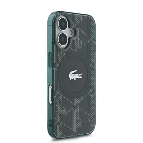Apple iPhone 16 Kılıf Lacoste Orjinal Lisanslı M-safe Şarj Özellikli IML Baskılı Gümüş Timsah Logolu Monogram Kapak