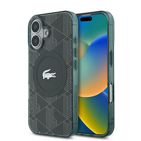 Apple iPhone 16 Kılıf Lacoste Orjinal Lisanslı M-safe Şarj Özellikli IML Baskılı Gümüş Timsah Logolu Monogram Kapak