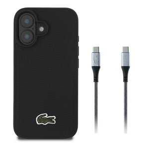 Apple iPhone 16 Kılıf Lacoste Orjinal Lisanslı PU Pike Desenli Arka Yüzey İkonik Timsah Dokuma Logolu Kapak + Type-C Kablo 1.5m
