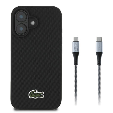 Apple iPhone 16 Kılıf Lacoste Orjinal Lisanslı PU Pike Desenli Arka Yüzey İkonik Timsah Dokuma Logolu Kapak + Type-C Kablo 1.5m