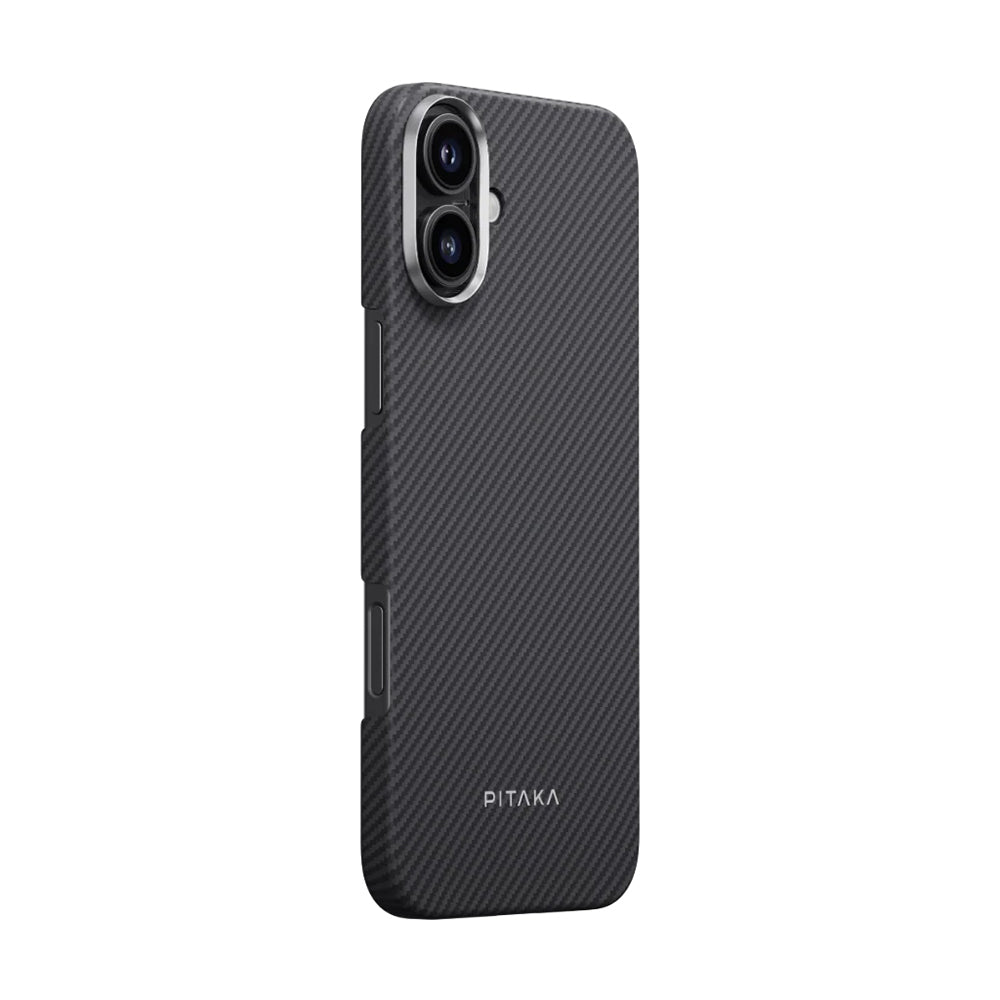 Apple iPhone 16 Kılıf M-safe Şarj Özellikli 600D Aramid Fiber Pitaka Ultra-Slim Classic Serisi Black-Grey Twill Kapak