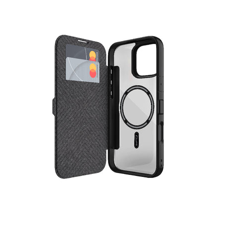 Apple iPhone 16 Kılıf M-safe Şarj Özellikli Vegan Deri Tasarımlı Şeffaf Arka Yüzey Kartlıklı Raptic Urban Folio Serisi Kapak