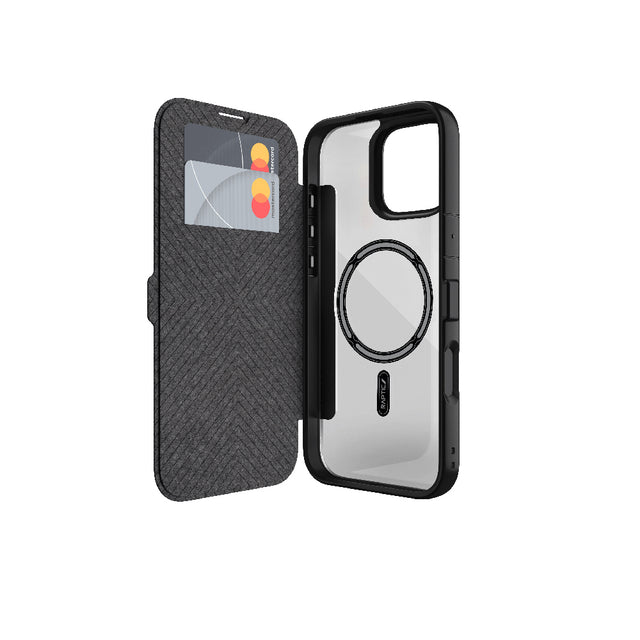 Apple iPhone 16 Kılıf M-safe Şarj Özellikli Vegan Deri Tasarımlı Şeffaf Arka Yüzey Kartlıklı Raptic Urban Folio Serisi Kapak