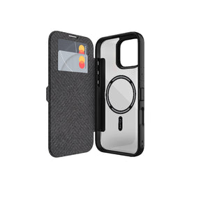 Apple iPhone 16 Kılıf M-safe Şarj Özellikli Vegan Deri Tasarımlı Şeffaf Arka Yüzey Kartlıklı Raptic Urban Folio Serisi Kapak