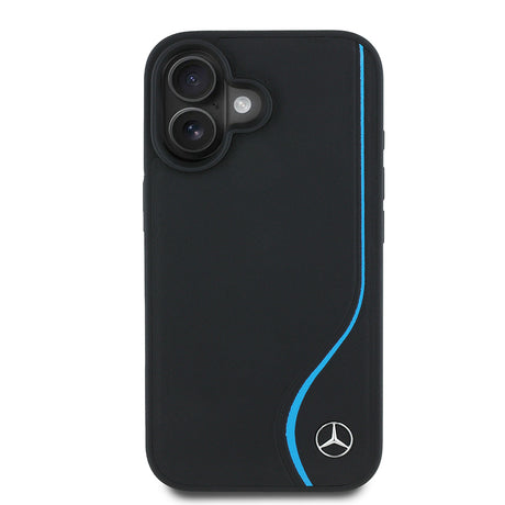 Apple iPhone 16 Kılıf Mercedes Benz Orjinal Lisanslı M-safe Şarj Özellikli 3D Metal Logolu Mavi Dikey Eğri Çizgili Deri Kapak