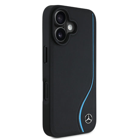 Apple iPhone 16 Kılıf Mercedes Benz Orjinal Lisanslı M-safe Şarj Özellikli 3D Metal Logolu Mavi Dikey Eğri Çizgili Deri Kapak