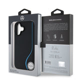 Apple iPhone 16 Kılıf Mercedes Benz Orjinal Lisanslı M-safe Şarj Özellikli 3D Metal Logolu Mavi Dikey Eğri Çizgili Deri Kapak