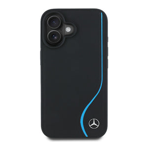 Apple iPhone 16 Kılıf Mercedes Benz Orjinal Lisanslı M-safe Şarj Özellikli 3D Metal Logolu Mavi Dikey Eğri Çizgili Deri Kapak