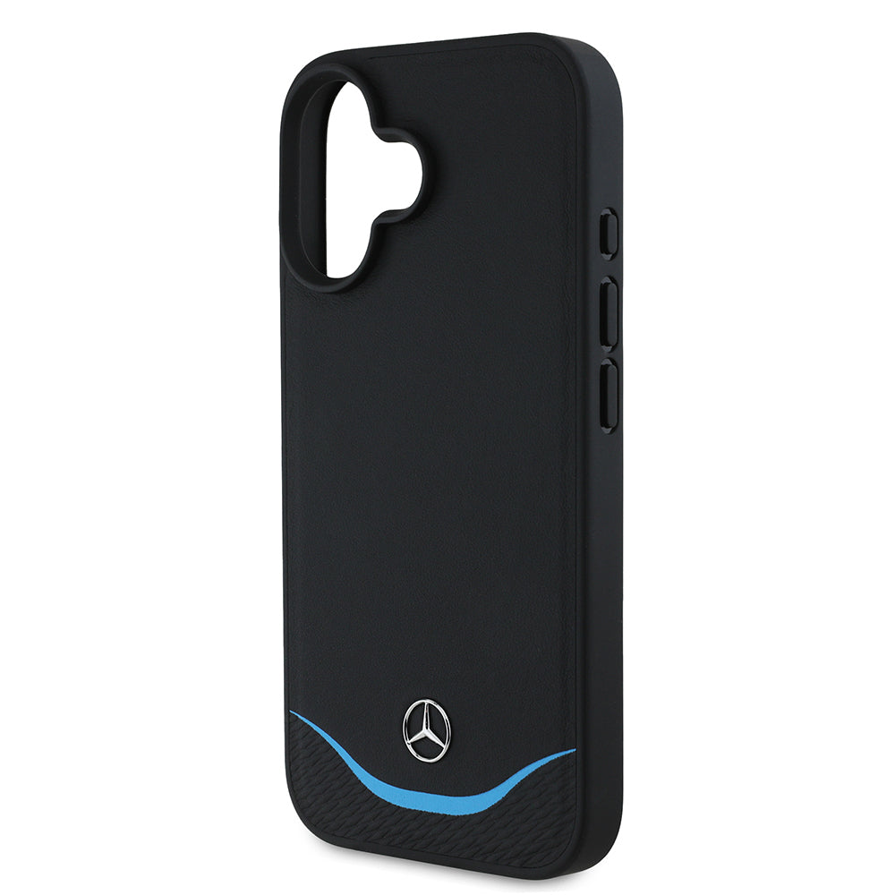 Apple iPhone 16 Kılıf Mercedes Benz Orjinal Lisanslı M-safe Şarj Özellikli 3D Metal Logolu Mavi Yatay Eğri Çizgili Deri Kapak
