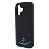 Apple iPhone 16 Kılıf Mercedes Benz Orjinal Lisanslı M-safe Şarj Özellikli 3D Metal Logolu Mavi Yatay Eğri Çizgili Deri Kapak