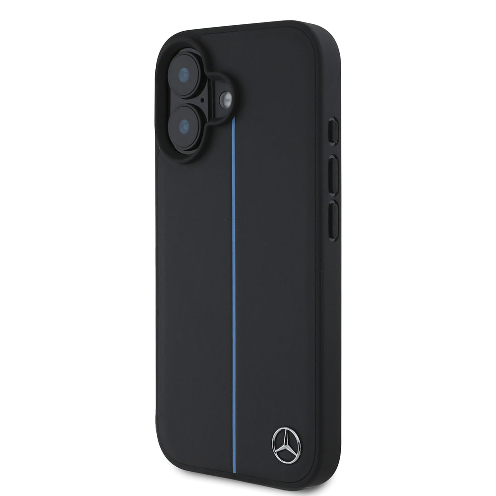 Apple iPhone 16 Kılıf Mercedes Benz Orjinal Lisanslı M-safe Şarj Özellikli Metal Yıldız Logolu Mavi Çizgili Deri Kapak
