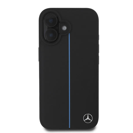 Apple iPhone 16 Kılıf Mercedes Benz Orjinal Lisanslı M-safe Şarj Özellikli Metal Yıldız Logolu Mavi Çizgili Deri Kapak
