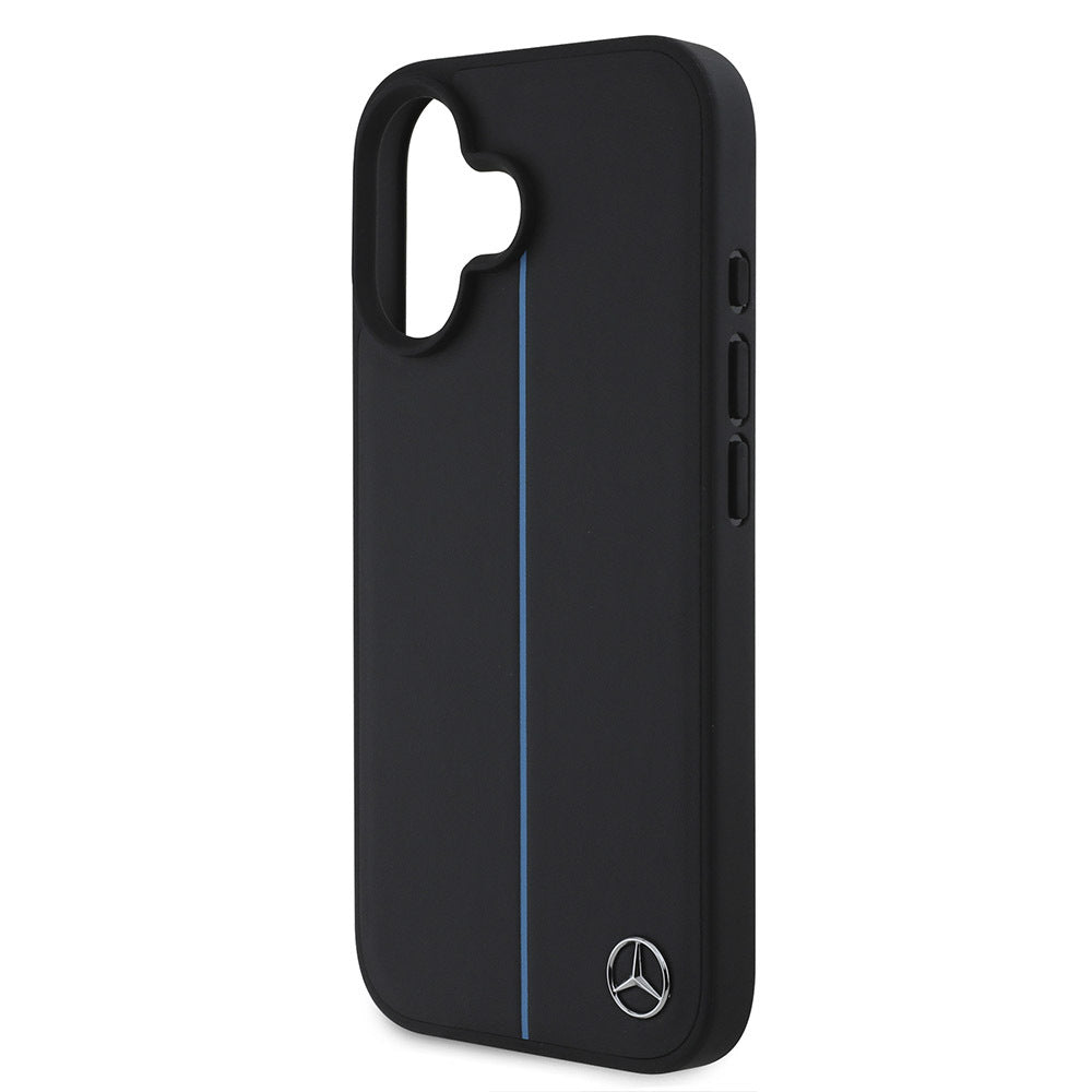 Apple iPhone 16 Kılıf Mercedes Benz Orjinal Lisanslı M-safe Şarj Özellikli Metal Yıldız Logolu Mavi Çizgili Deri Kapak