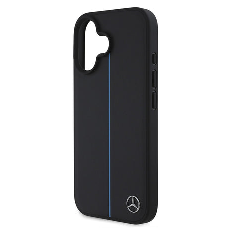 Apple iPhone 16 Kılıf Mercedes Benz Orjinal Lisanslı M-safe Şarj Özellikli Metal Yıldız Logolu Mavi Çizgili Deri Kapak