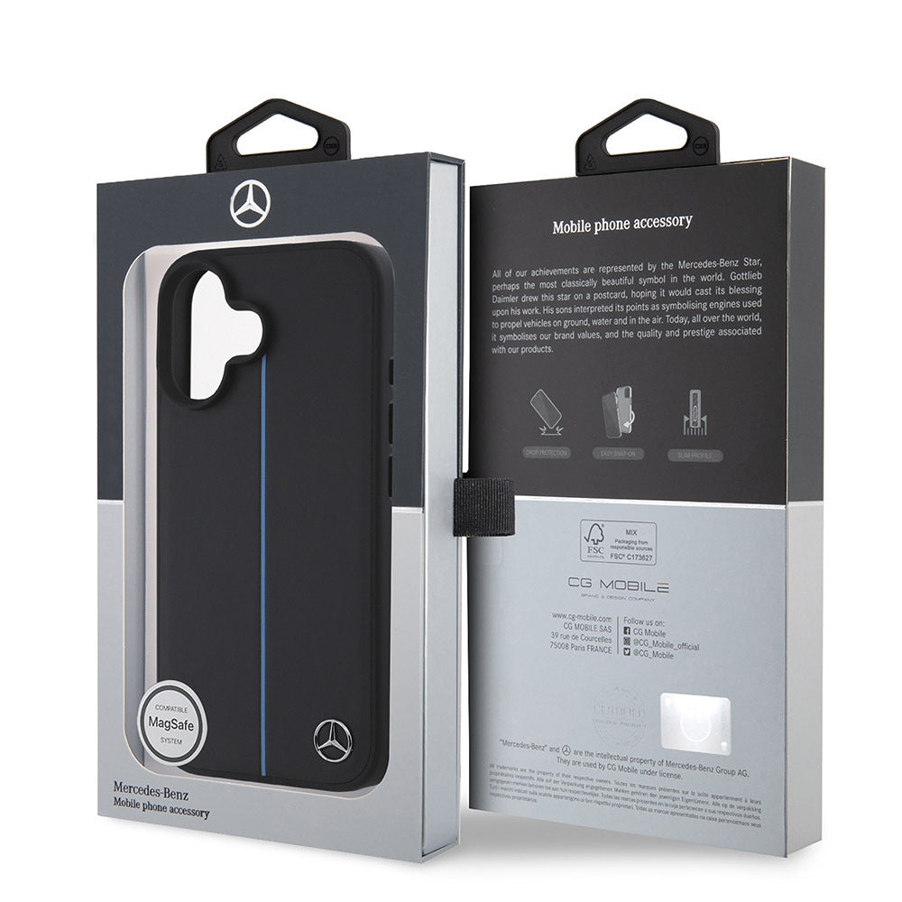 Apple iPhone 16 Kılıf Mercedes Benz Orjinal Lisanslı M-safe Şarj Özellikli Metal Yıldız Logolu Mavi Çizgili Deri Kapak