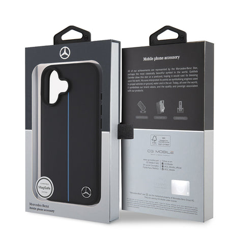 Apple iPhone 16 Kılıf Mercedes Benz Orjinal Lisanslı M-safe Şarj Özellikli Metal Yıldız Logolu Mavi Çizgili Deri Kapak