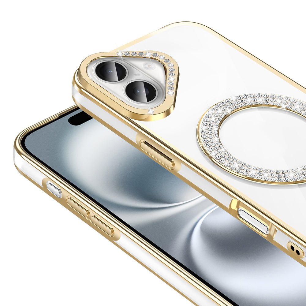 Apple iPhone 16 Kılıf Pırlanta Taş Tasarımlı M-safe Şarj Özellikli Zore Karetta Silikon Kapak