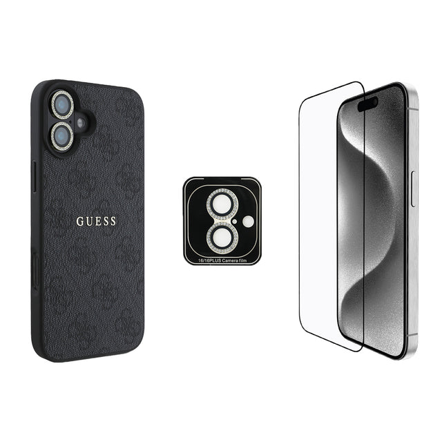 Apple iPhone 16 Plus Guess Orjinal Lisanslı Kılıf + Ekran Koruyucu + Lens Koruyucu 3in1 Aksesuar Seti