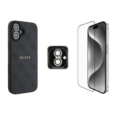 Apple iPhone 16 Plus Guess Orjinal Lisanslı Kılıf + Ekran Koruyucu + Lens Koruyucu 3in1 Aksesuar Seti